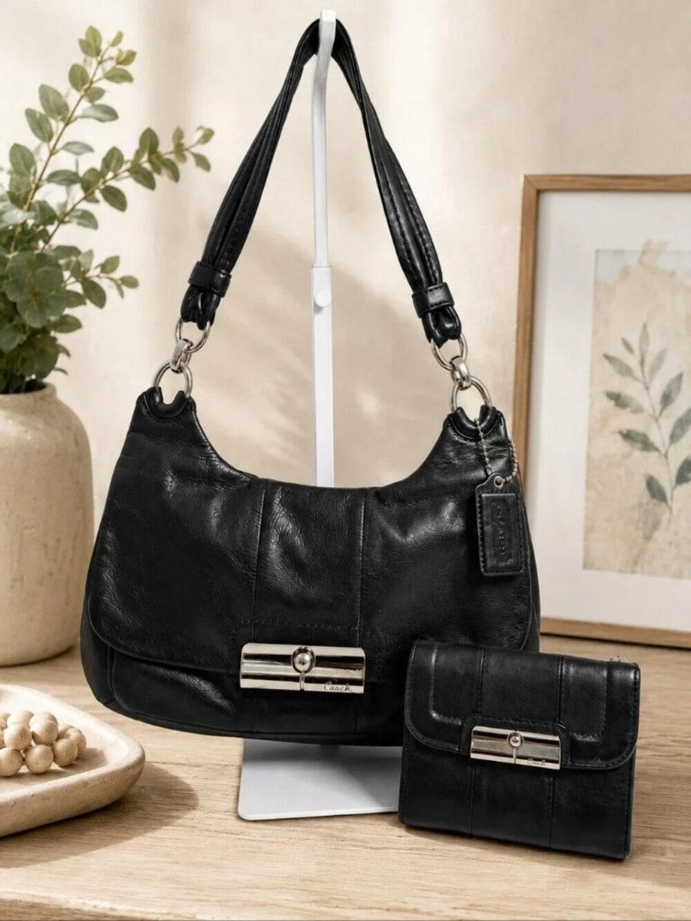 Coach Kristin Black Leather Shoulder Bag Matching Wallet